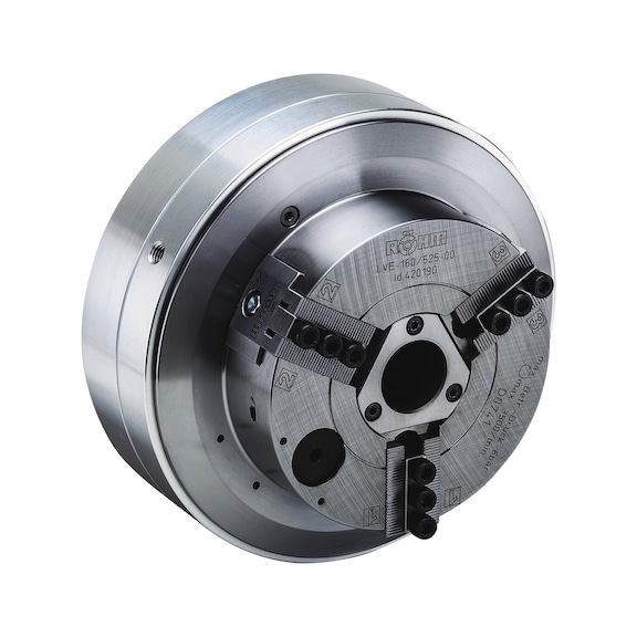 R&Ouml;HM LVE125 front-end chuck, through-type, pressure 10 bar, cylindrical centring mount - Lathe tip, arbor, chuck (machine tool)