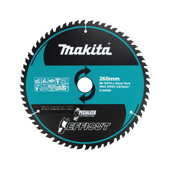 MAKITA EFFICUT circular saw blade, diameter 260 mm, 60 teeth, 2.15 mm cutting width E-29549 - EFFICUT Saw blades