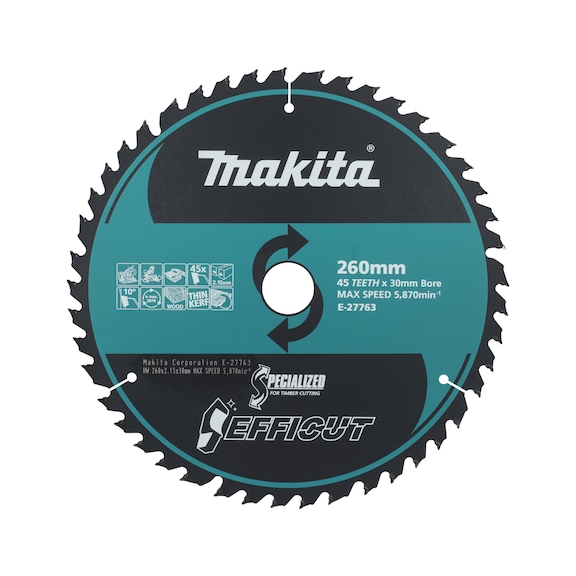 MAKITA EFFICUT circular saw blade, diameter 260 mm, 45 teeth, 2.15 mm kerf, E-27763 - EFFICUT Saw blades