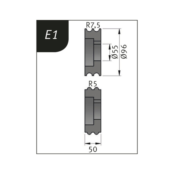 3880711 METALLKRAFT, Biegerollensatz Typ E1, Ø 96 x 55 x 50 mm, R 7,5 / 5 mm - Biegerollensatz für Sickenbiegemaschinen