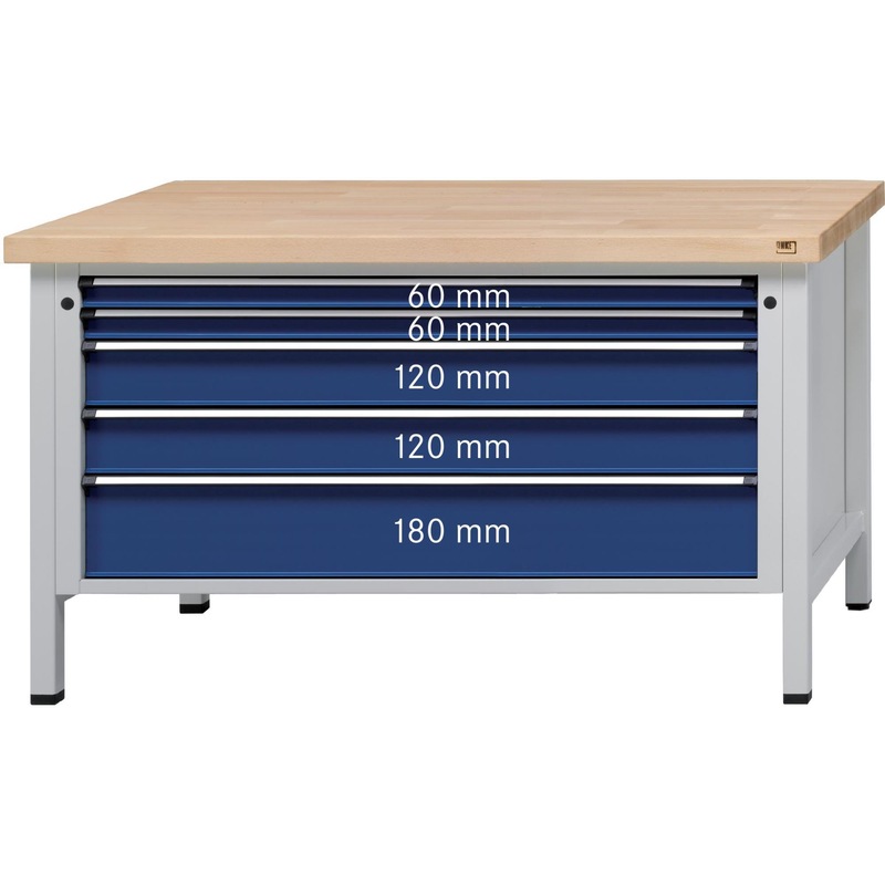 Etabli ANKE, mod. 29 VX, plateau hêtre mass. 1500 x 800 x 900 mm RAL 7035/5010 - Etabli, série VX 1500 avec tiroirs XXL