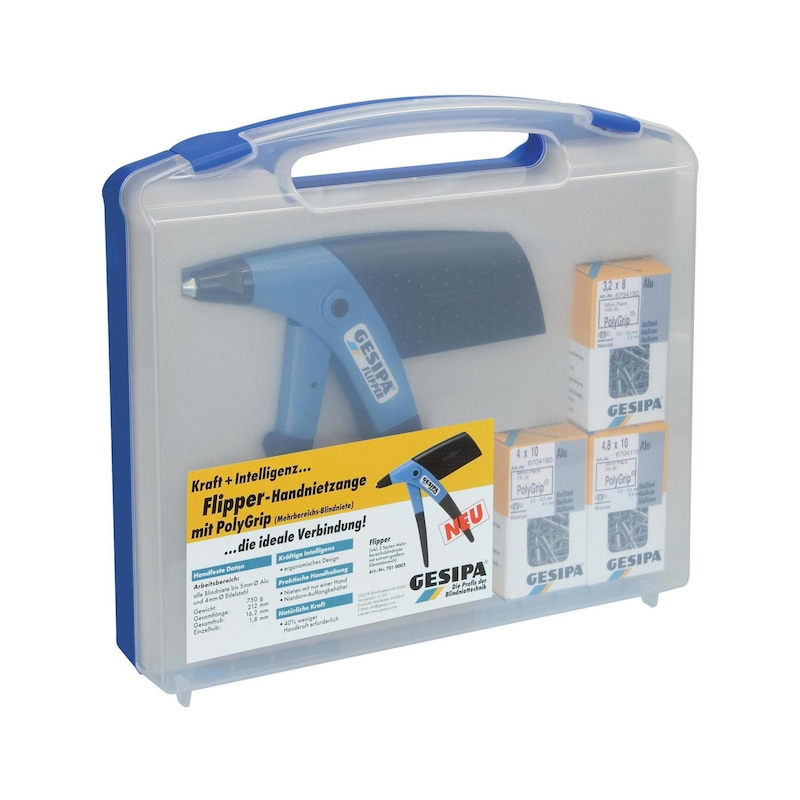 GESIPA Flipper hand riveting pliers, in box with 3 sizes of poly-grip rivets - Assorted rivets with hand-held riveting pliers, Flipper