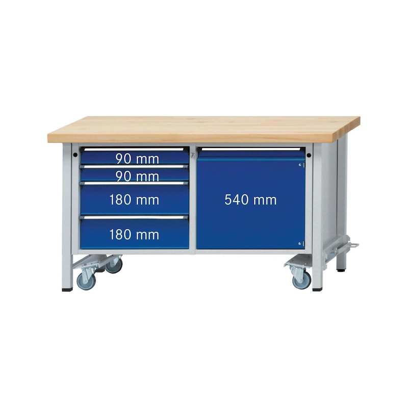 ANKE workbench model 131 V 1500x700x850 mm panel w. univ. coating, RAL 7035/5010 - Cabinet workbench series V 1500 with lowerable transport wheels