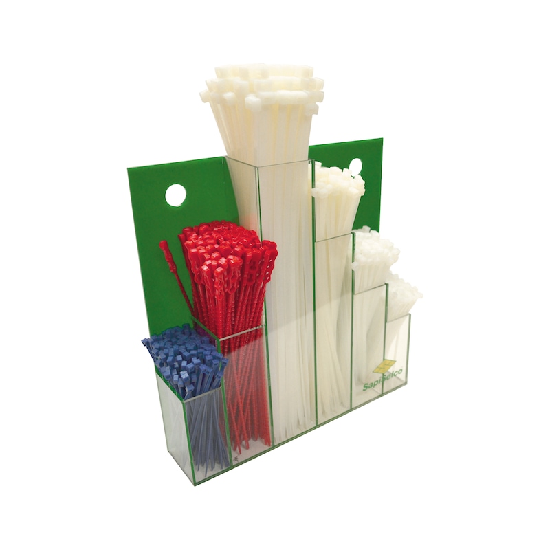SAPI-SELCO cable tie set, 600 pieces in wall bracket - Cable tie set in screw-on wall display