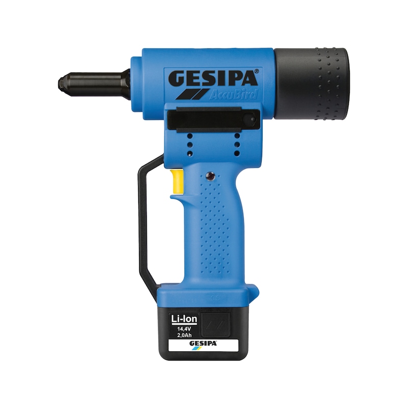 GESIPA AccuBird blind rivet gun with 14.4 V Li-ion battery and charger in case - electro-mechanical blind rivet setting tool