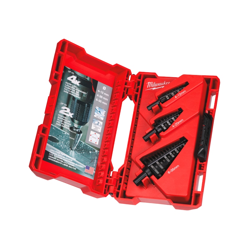 MILWAUKEE stepped drill bit set, 3 pcs, 4-12 mm/1, 4-20 mm, 6-35 mm, in box - Stepped drill bit set 48899399
