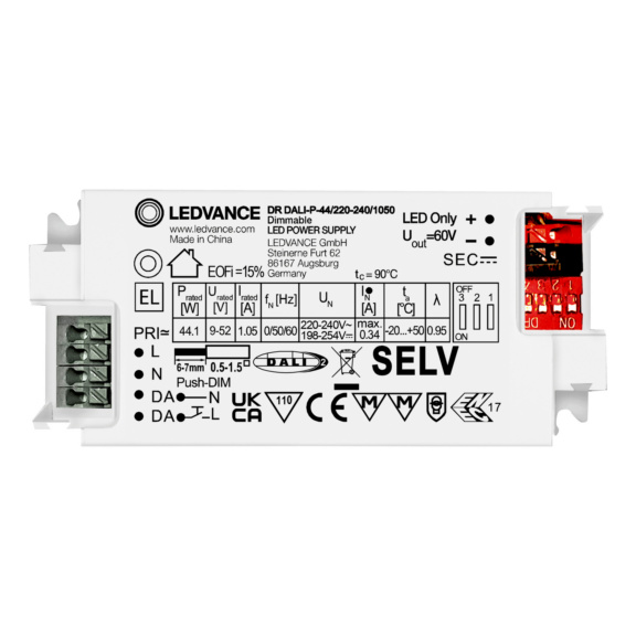 Virtalähde LED-valaisimille DIP-kytkin DALI/push dimm. - VIRTALÄHDE DR DALI PFM G2 44W/1050mA DIM