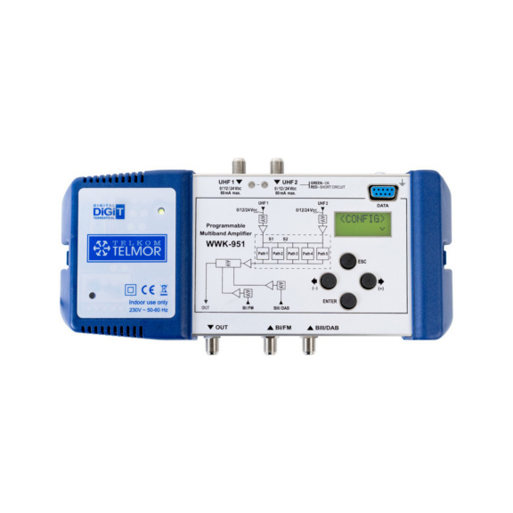 P&auml;&auml;vahvistin ohjelmoitava FM/VHF/5xUHF, LTE ON/OFF Telmor - P&Auml;&Auml;VAHVISTIN FM 21DB/VHF 35DB/UHF 45DB