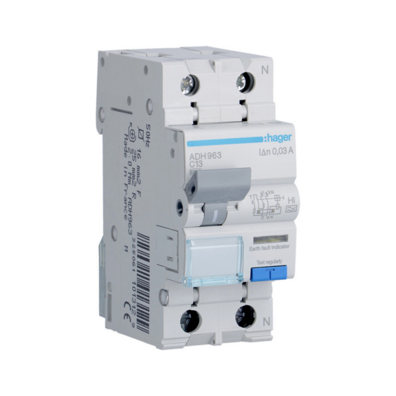 Residual current circuit breaker with overcurrent protection ADH Hager - RCBO ADH963 30MA A-HI/2X13A C-CURVE