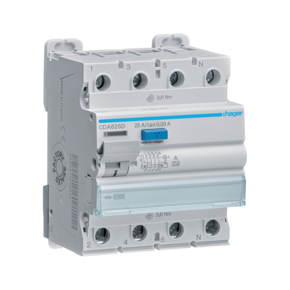 Residual current circuit breaker CDA Hager - RCCB CDA625D 30MA A/4X25A 10KA