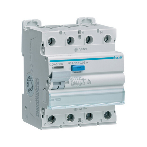 Residual current circuit breaker CDA Hager - RCCB CDA680K 30MA A/4X80A 10KA