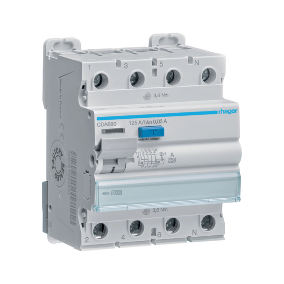Residual current circuit breaker CDA Hager - RCCB CDA690 30MA A/4X125A 10KA