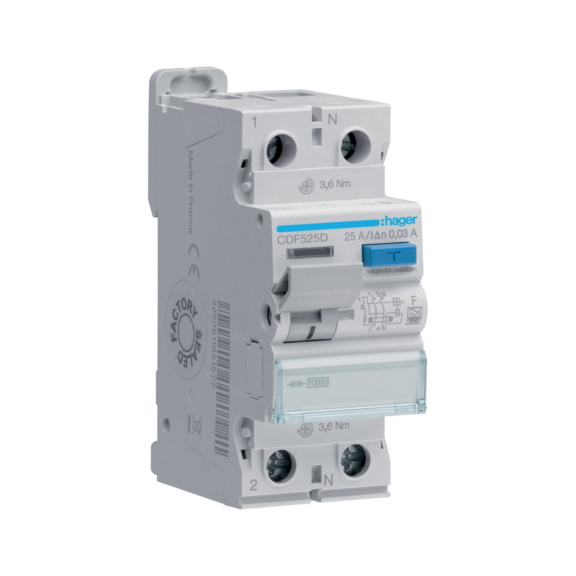 Residual current circuit breaker 10kA type F Hager - RCCB CDF525D 30MA F/2X25A 10KA