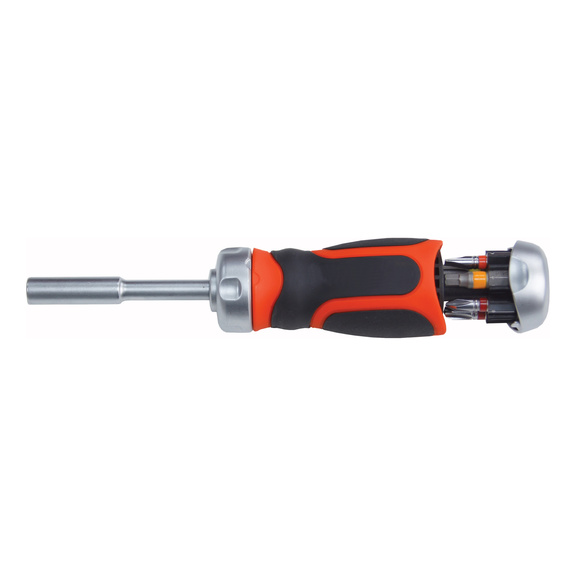 Screwdriver with ratchet and two-component handle.