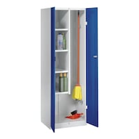 Multi-purpose cabinet with shelves and holders for equipment with handles