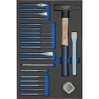 Hard foam insert equipped with tools, hammer, chisel set