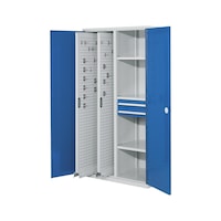 Vertical cabinet with RASTERPLAN perforated metal plate pull-outs, shelves and drawers