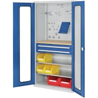 Hinged-door cabinet with shelf and drawers