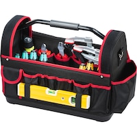 Textile tool bag, open, with metal carrying handle