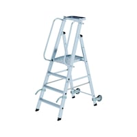 Aluminium platform ladder with castors and tray