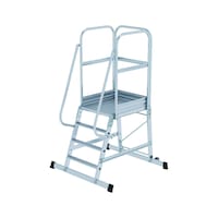 Aluminium platform ladder with castors, stabiliser
