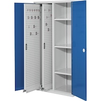 Vertical cabinet with RASTERPLAN perforated metal plate pull-outs and shelves