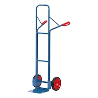 Steel sack truck with curved high-rise bar, solid rubber tyres 