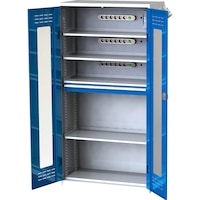 Battery charging cabinet with doors with viewing window