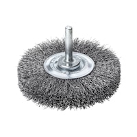 Shank-mounted wheel brushes with crimped wire