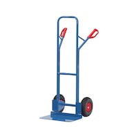 Steel sack truck with curved bar, PU tyres 