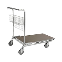 Platform trolley, nestable with engineered wood load area and push handle