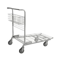 Platform trolley, nestable with grid load area and push handle