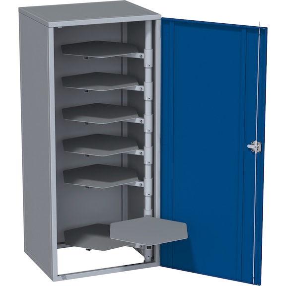 HK csiszolótárcsa tárolószekrény, 9 kar, 400x125 mm-hez, RAL 7035 / RAL 5010 - Csiszolótárcsa-tároló szárnyas ajtós szekrény