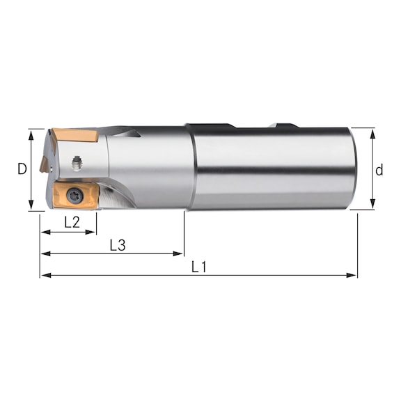 ATORN 可转位刀片立铣刀，带内部冷却功能，T=3，32.0 x 200 毫米，轴径 = 25 毫米，DIN 1835B - 角度铣刀，90°，带侧固柄，加长型