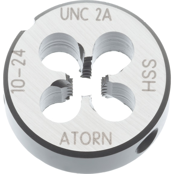 Filière ATORN HSS EN 22568 UNC 9/16 po. tolérance 2A diamètre extérieur 38 mm - Filière, HSS UNC droit, tolérance 2A avec entrée d'angle hélicoïdal et à filets 1,75