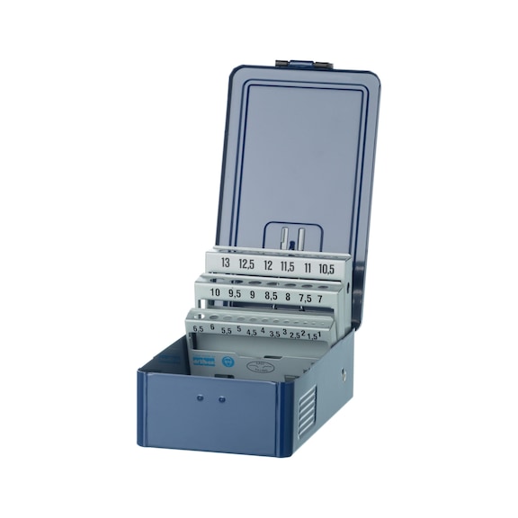 caja metálica industrial, vacía, 1 - 5 mm con incrementos de 0,1&nbsp;mm - Caja metálica para brocas helicoidales
