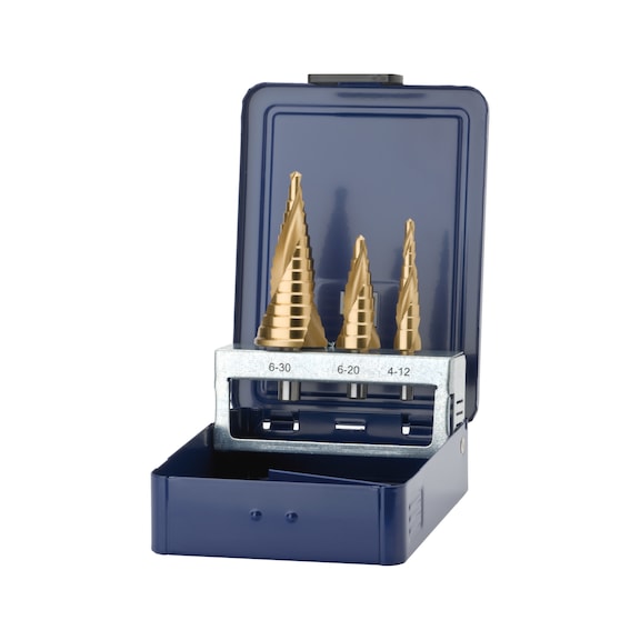 Stepped drill bit set HSS, uncoated, with twists