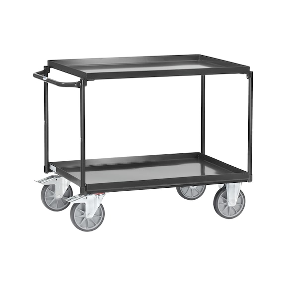 table trolley, loading surface 850x500mm, 400kg, 2 sh steel trays, horiz handle - Table trolley with 2 sheet steel load areas