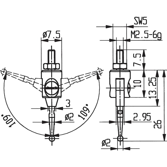 Embout de mesure type capteur 33 deux côtés, orientable 109° bille CC dia. 2 mm - Embouts de mesure M2,5