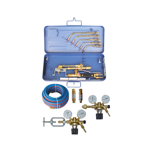 Equipo de soldadura autógena EWO, 17 mm en maletín de chapa de acero con soplete - Set de equipos de corte y soldadura autógena, con reductores de presión y manguera