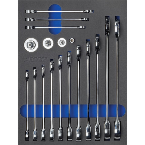 Hard foam insert equipped with tools, ratchets, combination spanner set