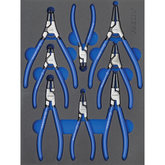 Hard foam insert equipped with tools, circlip pliers set