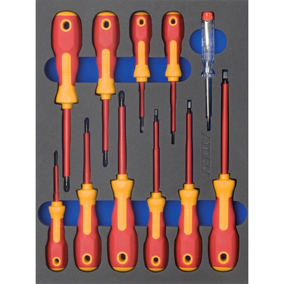 Hard foam insert equipped with tools, VDE carbide screwdriver set