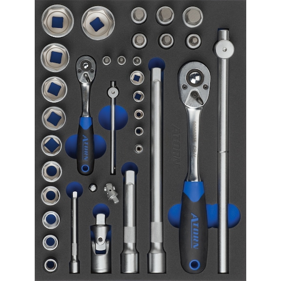Hard foam insert equipped with tools, socket wrench set with hexagonal inserts