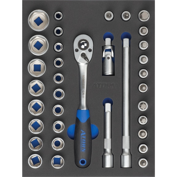Hard foam insert equipped with tools, socket wrench set 1/2"