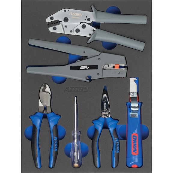 Hard foam insert equipped with tools, wire-stripping tool set