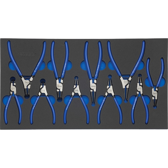 Hard foam insert equipped with tools, circlip pliers set
