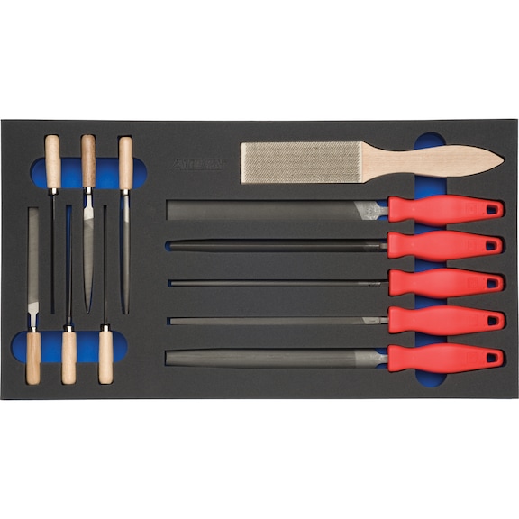 Hard foam insert equipped with tools, files, brush set