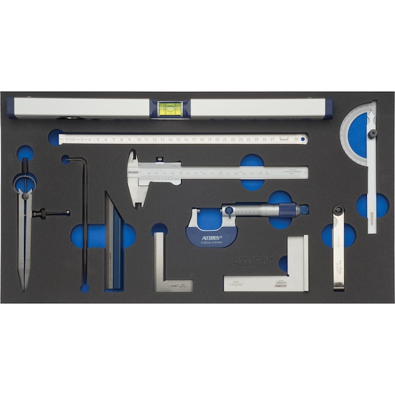 Hard foam insert equipped with tools, measuring equipment set