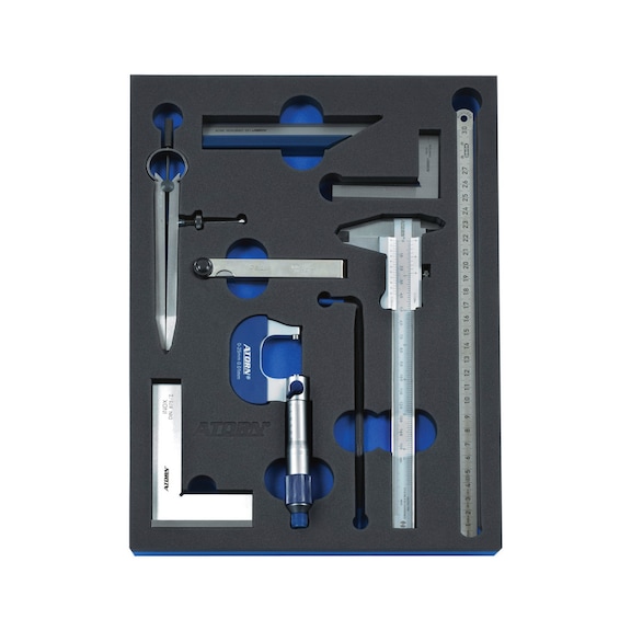 Hard foam insert equipped with tools, measurement equipment set analogue